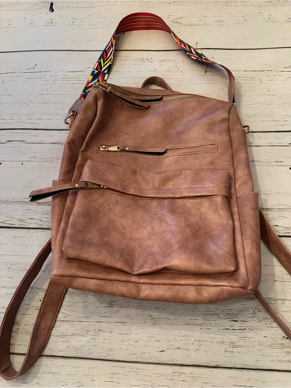 Blush Pink Vegan Leather Backpack with Colorful Strap